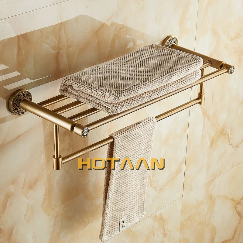 DecorBites™ Brass Bath Towel Rack Square Double Towel Shelf Bathroom Accessories