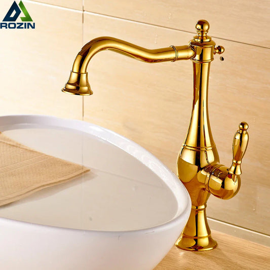 DecorBites™ Golden Basin Faucet Single Handle Brass Mixer Tap for Bathroom and Kitchen