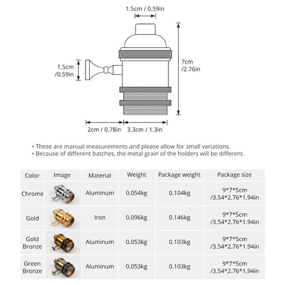 DecorBites™ E27 Industrial Lamp Base Holder Aluminum Retro Pendant Fixture