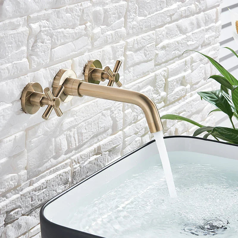 Gold Wall Basin Faucet Dual-Handle Brushed Gold