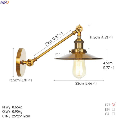 Aplique de pared LED de brazo largo dorado DecorBites™ para dormitorio, escalera, loft, estilo industrial vintage