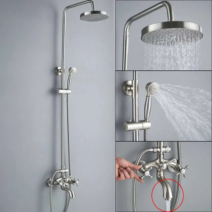 DecorBites™ Brushed Nickel Shower Faucet Set with Rainfall Shower Head & Hand Held Mixer