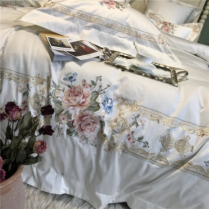 Decobites Luxury Flowers Embroidery Bedding Set, White, 100S, 4Pcs, 7Pcs