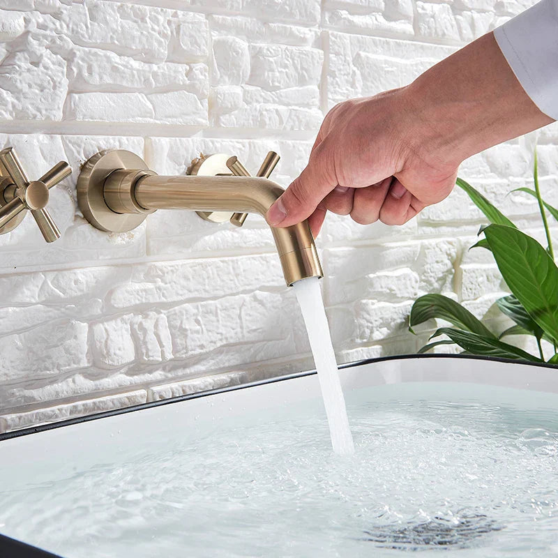 Gold Wall Basin Faucet Dual-Handle Brushed Gold