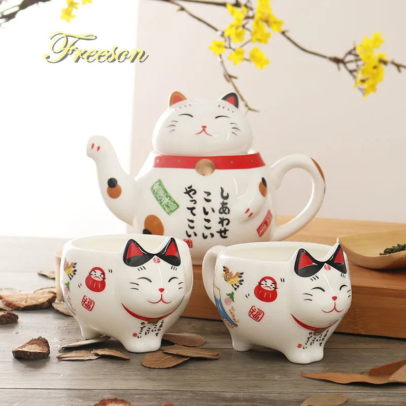 DecorBites™ Lucky Cat Porcelain Tea Set: Maneki Neko Tea Cup Pot, Strainer, Plutus Cat Teapot Mug