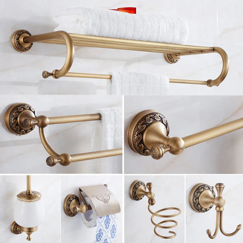 DecorBites™ Brass Antique Bath Hardware Set: Towel Rack, Paper Holder, Towel Hanger, Toilet Brush Holder