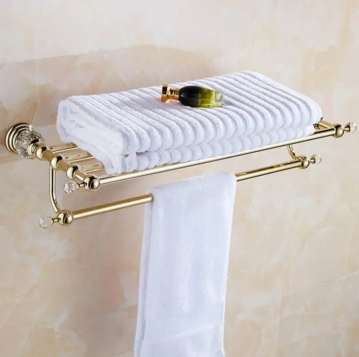 DecorBites™ Brass & Crystal Bathroom Set: Towel Rack, Towel Bar, Paper Holder, Soap Dish