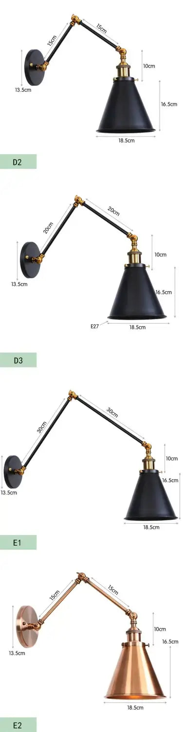 antique adjustable wall lamp featuring a black conical shade with adjustable brass arms and mounting hardware as a wall lamp sconce for bedroom lighting
