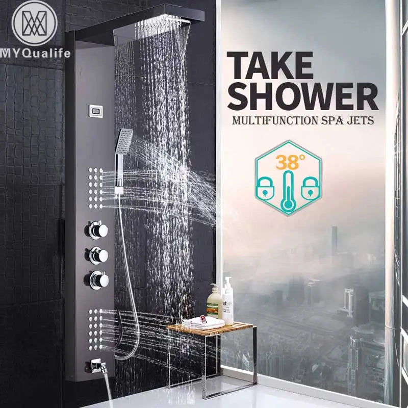 DecorBites™ Brushed Nickel Thermostatic Waterfall Rain Shower Panel with 3 Handles