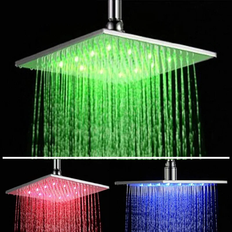 DecorBites™ 16" Chrome Brass LED Rain Shower Head; Ultra Thin Square Design, Color Changing