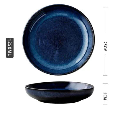 DecorBites™ Japanese Blue Ceramic Tableware Set - Rice Bowl, Plate, Spoon, Udon Ramen Bowl, Soup Dish