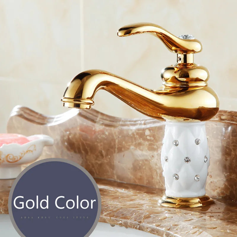 Grifo de Lavabo de Latón Dorado Decorbites™ con Diamante, Asa Única Mezclador de Agua Caliente y Fría