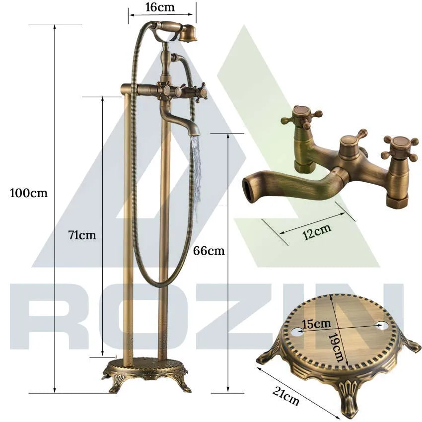 DecorBites™ Brass Floor Mount Tub Sink Faucet Dual Handle Bath Set with Handshower
