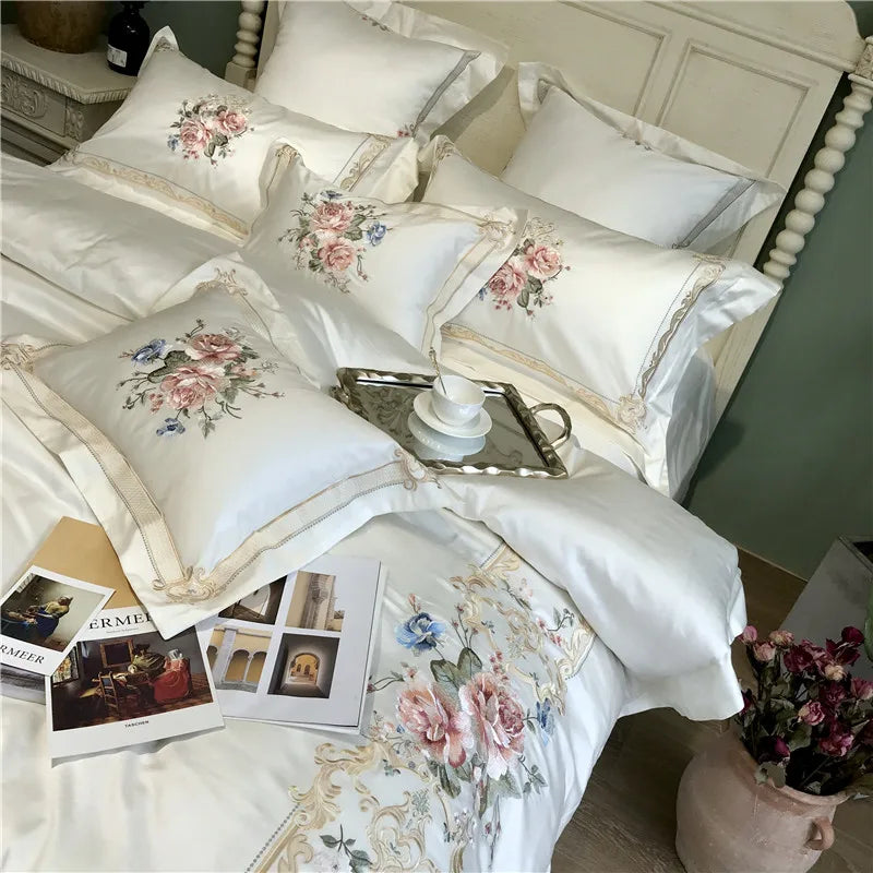 Decobites Luxury Flowers Embroidery Bedding Set, White, 100S, 4Pcs, 7Pcs