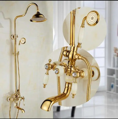 DecorBites™ Golden Brass & Jade Bath Shower Set - Wall Mounted Rainfall & Hand shower