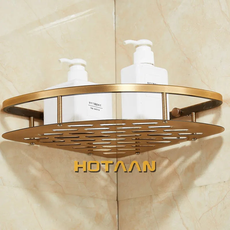 حامل سلة دش من الألومنيوم بلمسة نهائية عتيقة من DecorBites™، سلة رف حمام أنيقة