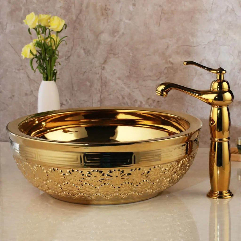 DecorBites™ Golden Ceramic Washbasin and Brass Mixer Faucet Set