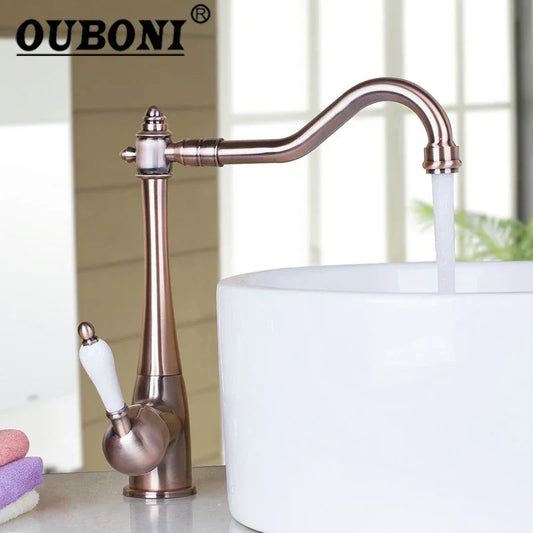 DecorBites™ Antique Brass Swivel Kitchen Faucet with Ceramic Handle for Countertop Sink
