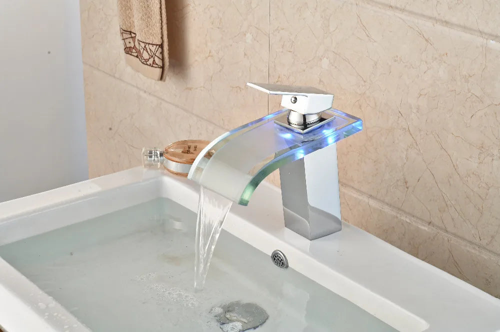 DecorBites™ LED Glass Waterfall Basin Faucet | Square Single Handle Bathroom Sink Mixer