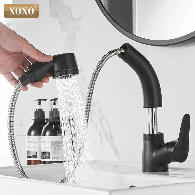 DecorBites™ Black Basin Faucet Hot Cold Mixer Tap Single Handle Pull Out Mixer