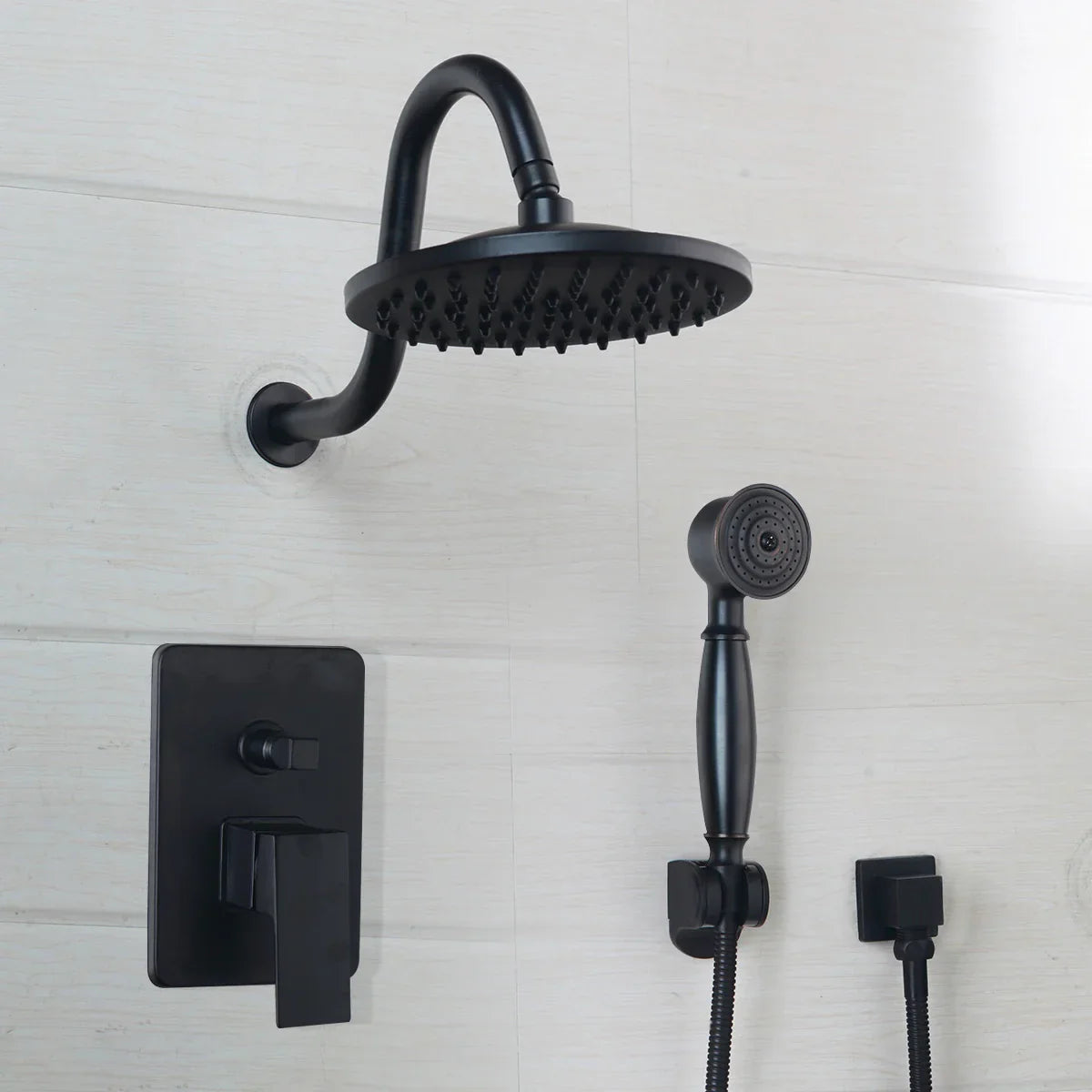 مجموعة صنبور دش مطري مثبت على الحائط من DecorBites™ مقاس 8 بوصات باللون الأسود غير اللامع مع دش محمول باليد