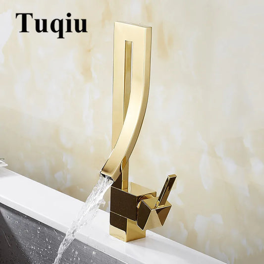 DecorBites™ Gold Brass Square Basin Faucet Single Handle Hot Cold Mixer Water Tap