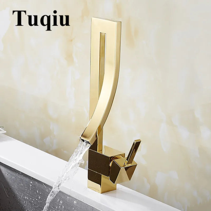 Gold Square Basin Faucet Deck-Mounted Single-Handle