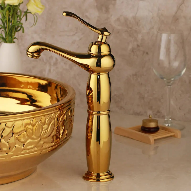 DecorBites™ Golden Ceramic Washbasin and Brass Mixer Faucet Set