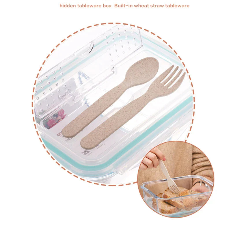 Caja de Almuerzo Decorbites™ para Niños: Estilo Coreano Bento de Vidrio con Compartimentos, Apto para Microondas, Almacenamiento de Alimentos