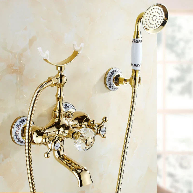 DecorBites™ Gold Brass Wall Mounted Bathtub Faucet with Hand Held Shower Kit