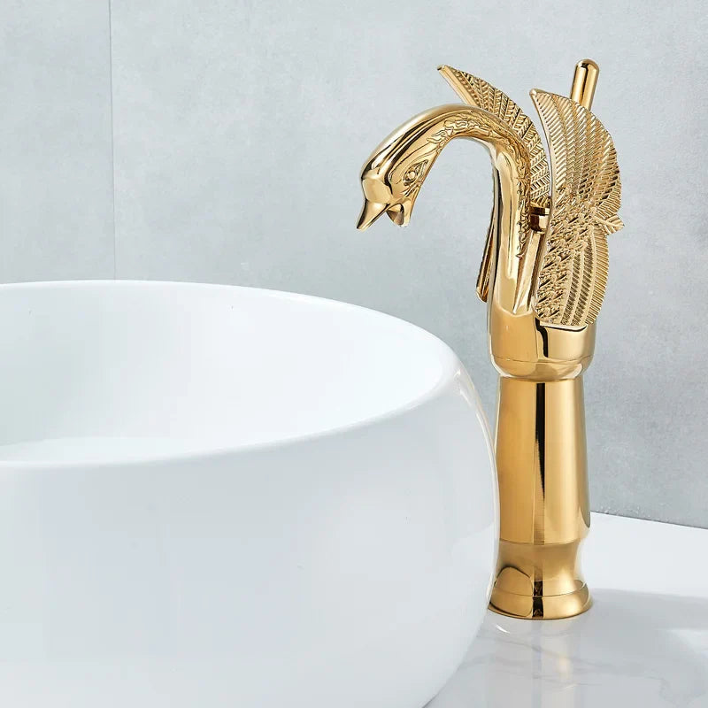 Decorbites™ Grifo Mezclador de Baño Golden Swan - Grifo de Lavabo de Montaje en Cubierta con Una Manija
