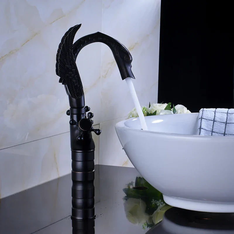 DecorBites™ Black Bronze Swan Basin Faucet Dual Cross Handle Deck Mounted Bathroom Mixer