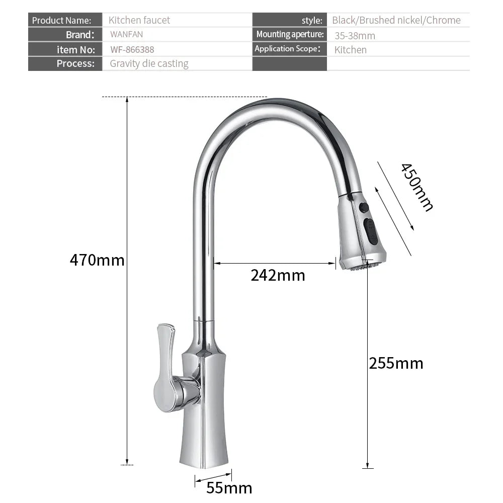 DecorBites™ Black Stream Handle Kitchen Faucet Tap Rotation Mixer Swivel Pull Out