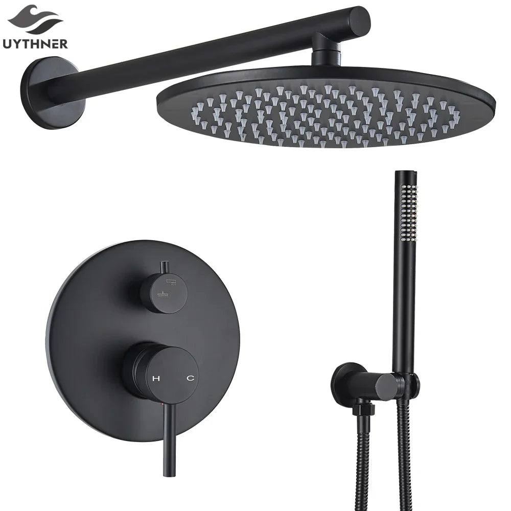 DecorBites™ Brass Black Shower Set with Ceiling/Wall Arm, Diverter Mixer, Handheld Spray, 8-16" Rain Head