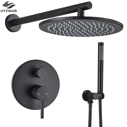 DecorBites™ Brass Black Shower Set with Ceiling/Wall Arm, Diverter Mixer, Handheld Spray, 8-16" Rain Head