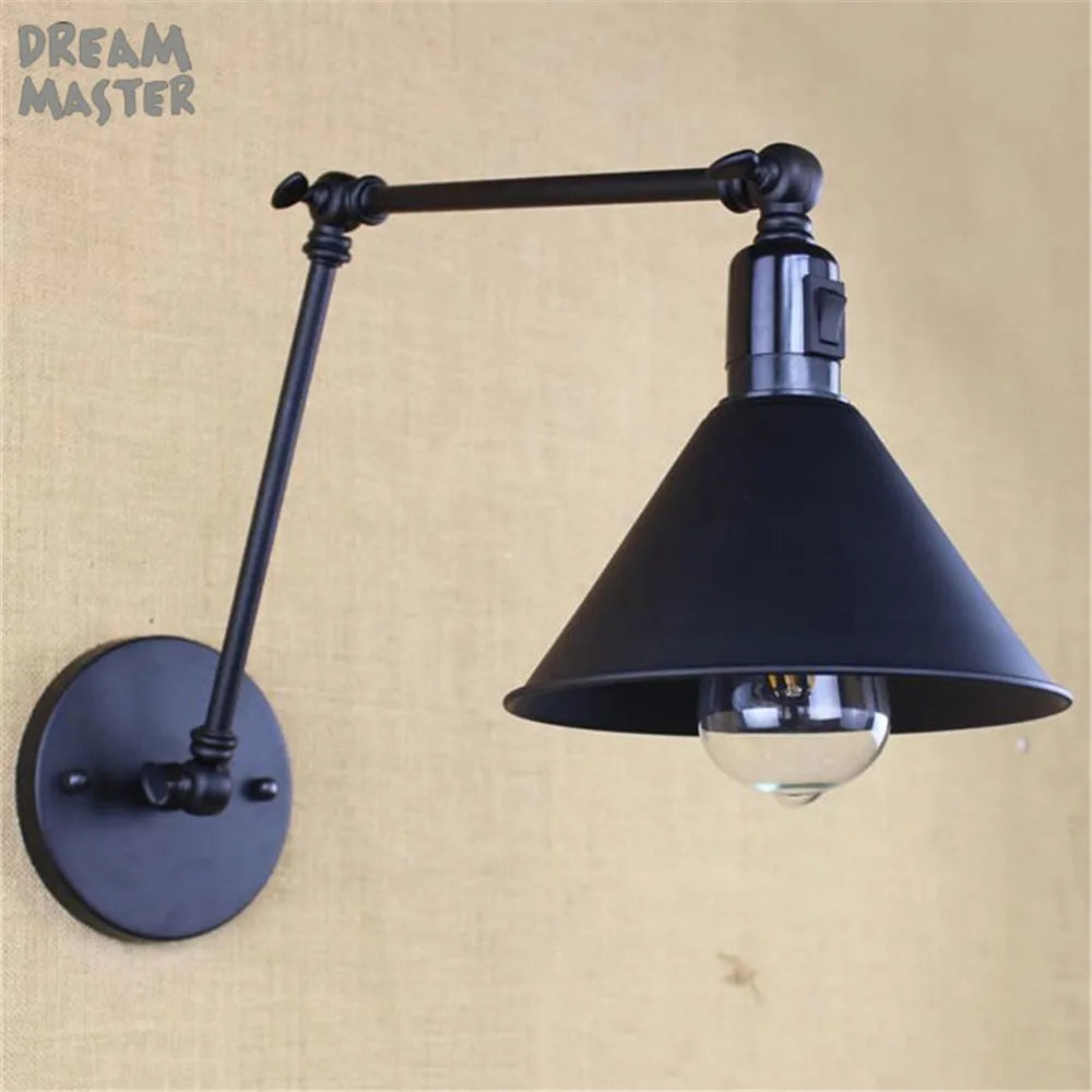 Aplique de pared industrial DecorBites™ con brazo articulado, interruptor negro, de hierro.