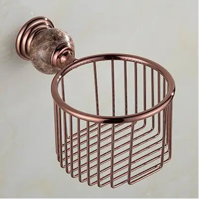 DecorBites™ Brass & Jade Rose Gold Bathroom Set: Paper Holder, Towel Bar, Soap Basket