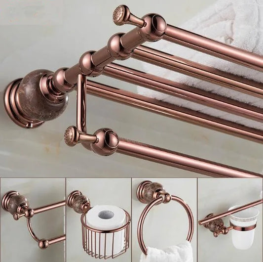 DecorBites™ Brass & Jade Rose Gold Bathroom Set: Paper Holder, Towel Bar, Soap Basket