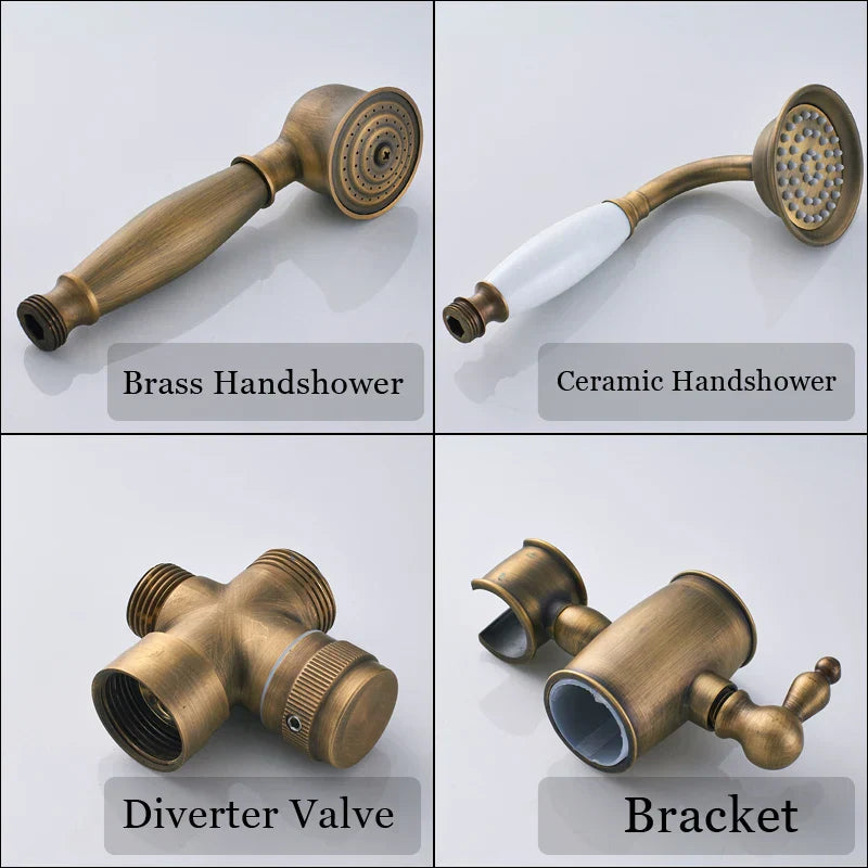 Juego de ducha DecorBites™ de latón antiguo con monomando y grifo mezclador de pared tipo lluvia.