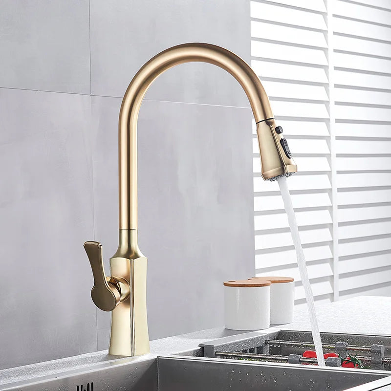 DecorBites™ Brushed Gold Kitchen Faucet Hot Cold Water Mixer Pull Out Spout Brass