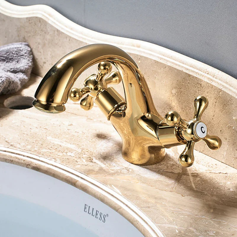 DecorBites™ Gold Vessel Sink Mixer Tap Deck Mounted Basin Faucet Hot Cold Water Mixer