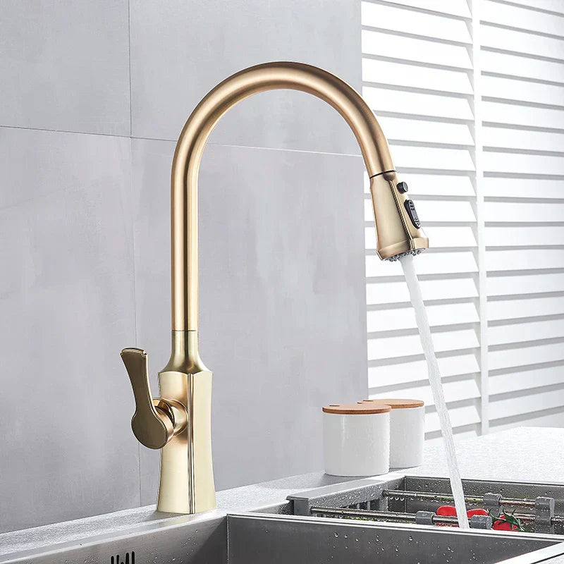 DecorBites™ Brushed Gold Kitchen Faucet Hot Cold Water Mixer Pull Out Spout Brass