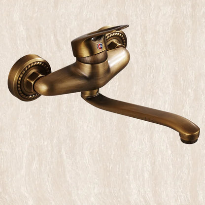 DecorBites™ Antique Brass Bathroom Basin Faucet Long Spout Dual Handle Wall Mount