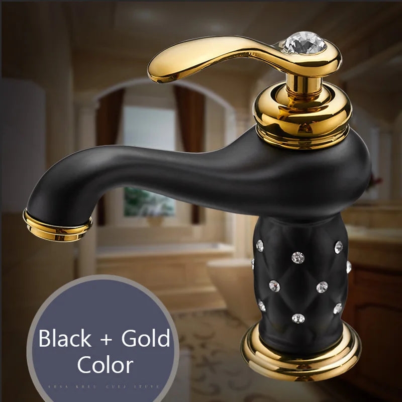 Grifo de Lavabo de Latón Dorado Decorbites™ con Diamante, Asa Única Mezclador de Agua Caliente y Fría