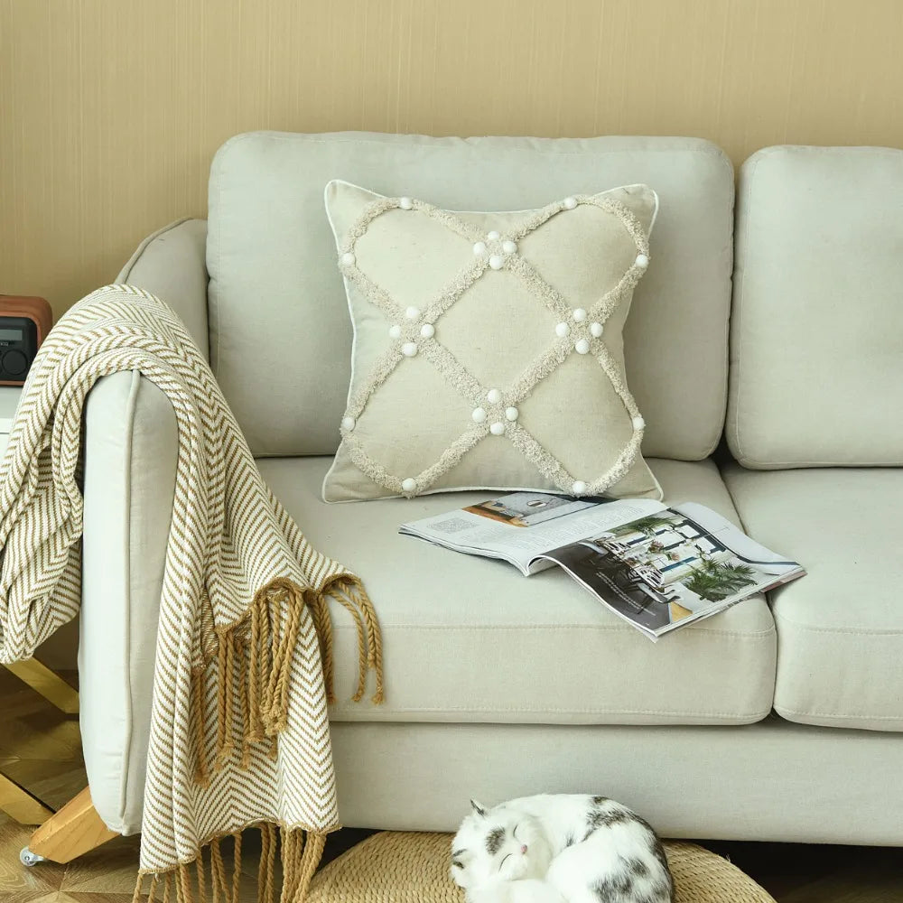 DecorBites™ Boho Style Ivory Plush Pom Pom Cushion Cover, Moroccan Inspired 45x45cm