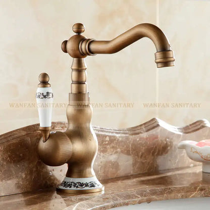 DecorBites™ Antique Brass Bathroom Sink Faucet Single Handle Swivel Spout Hot Cold Mixer