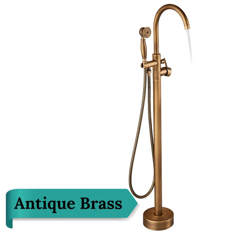 صنبور حوض استحمام نحاسي عتيق مثبت على الأرضية من DecorBites™ مزود بفوهة دوارة وخلاط دش