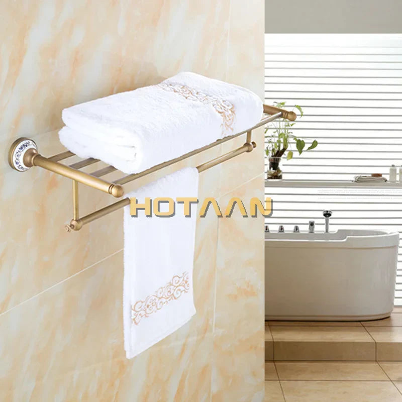 DecorBites™ Brass Bathroom Towel Rack, Antique Brass Towel Holder, 60cm Corner Bath Shelf
