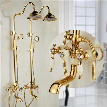 DecorBites™ Golden Brass & Jade Bath Shower Set - Wall Mounted Rainfall & Hand shower