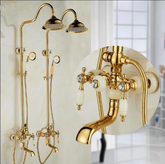 DecorBites™ Golden Brass & Jade Bath Shower Set - Wall Mounted Rainfall & Hand shower